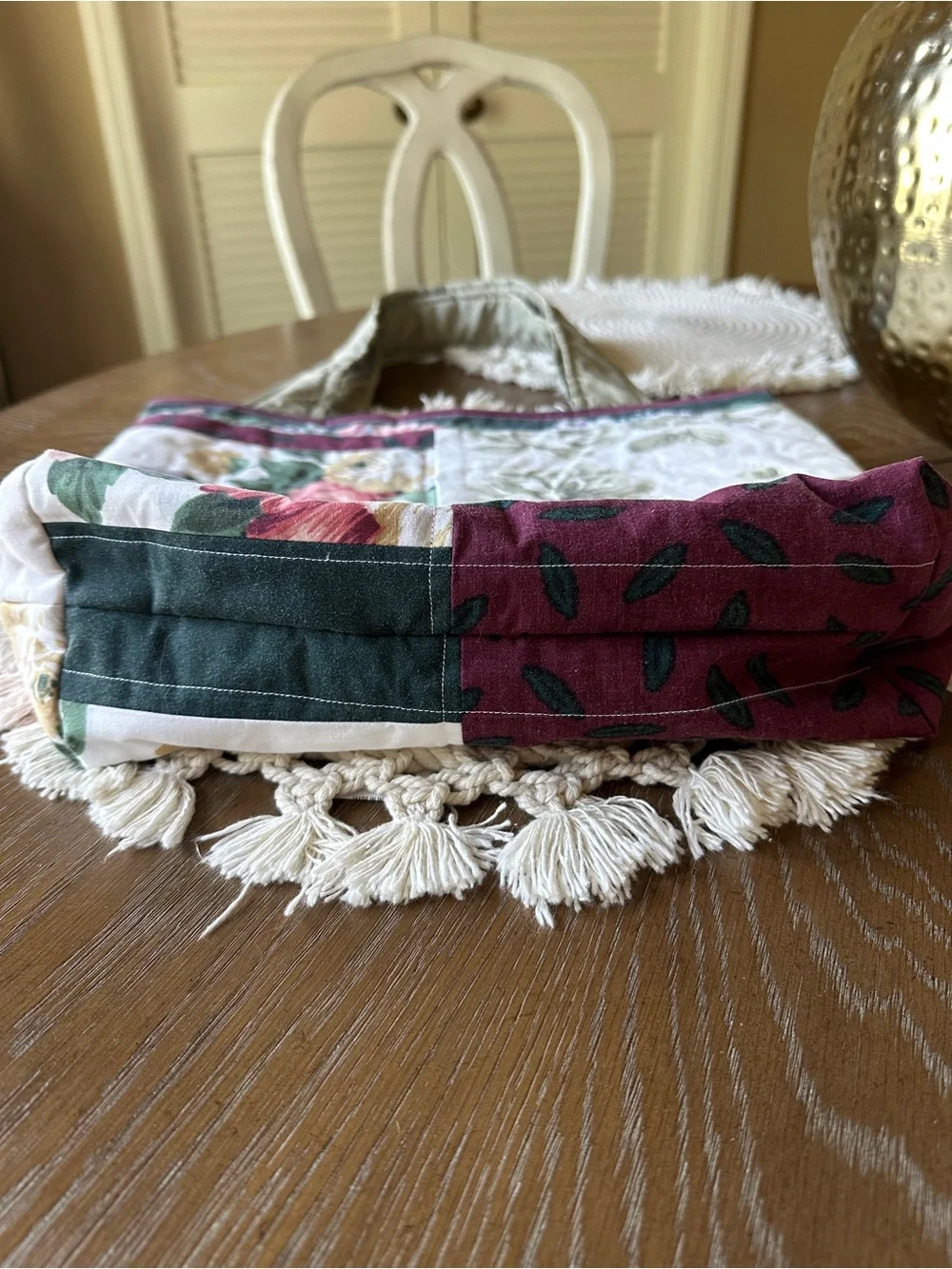 Patchwork Floral Quilted Tote Bag in Burgundy and Cream